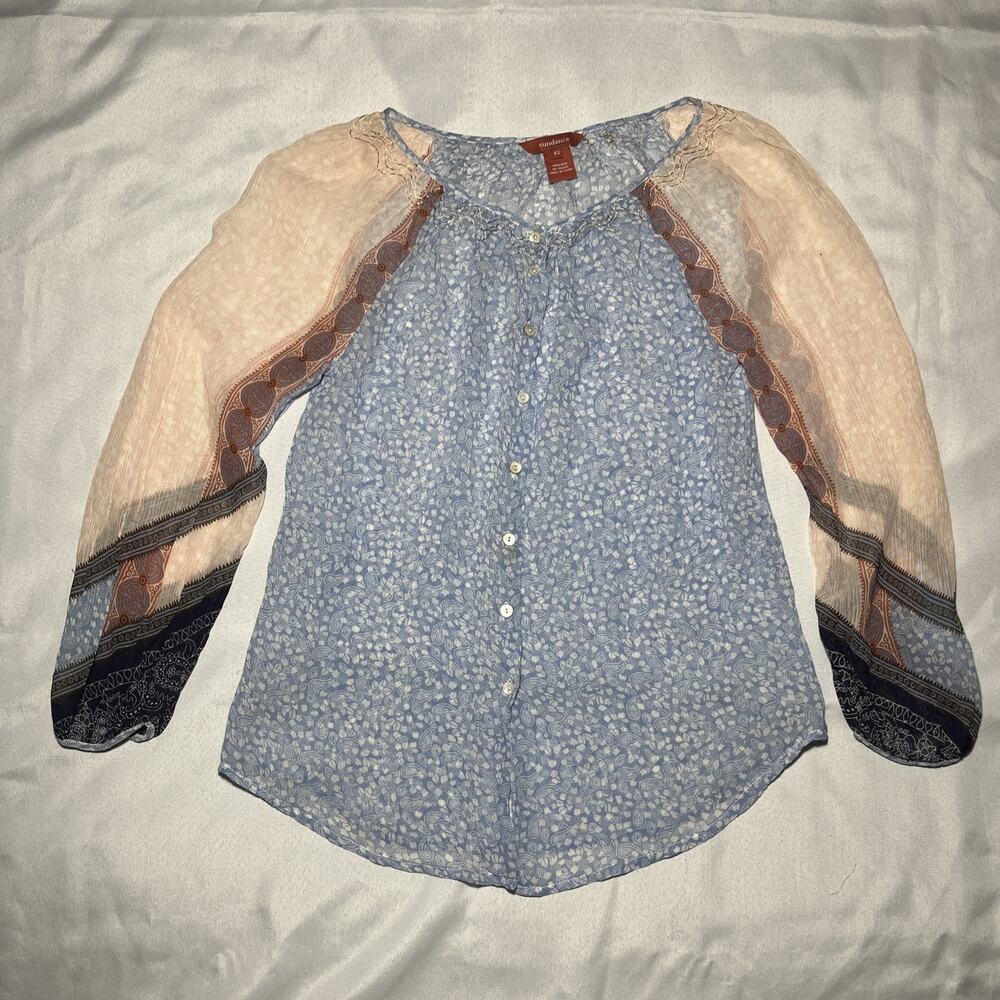 Sundance Blouse Womens XS 100% Silk Paisley Sheer Full Button Long Sleeve Blue